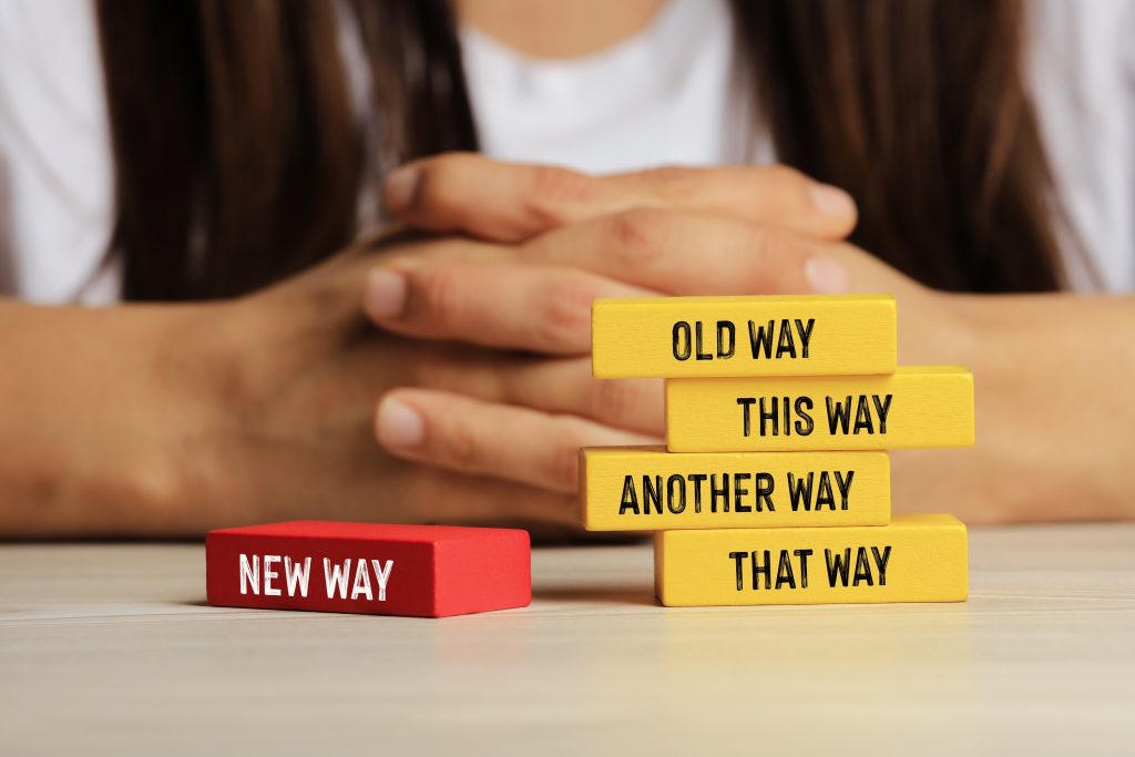 Blocks with 'New Way', 'Old Way', 'This Way', 'Another Way' on