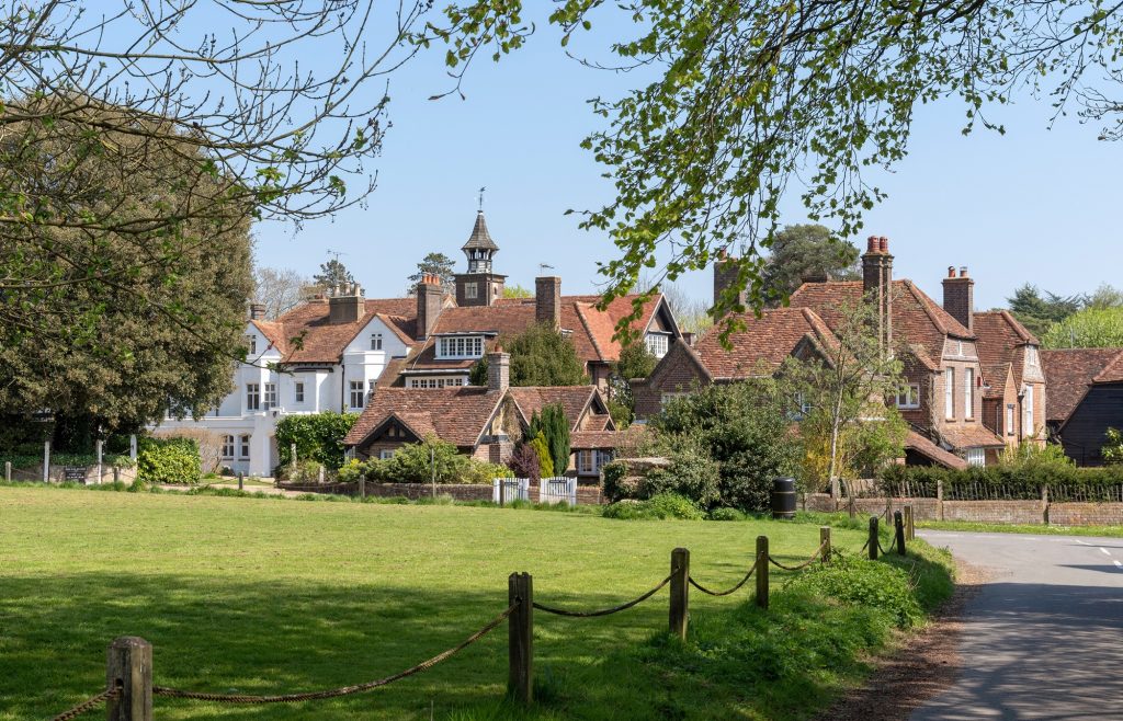 Village scene with buildings in the background and a grassed area in the foreground